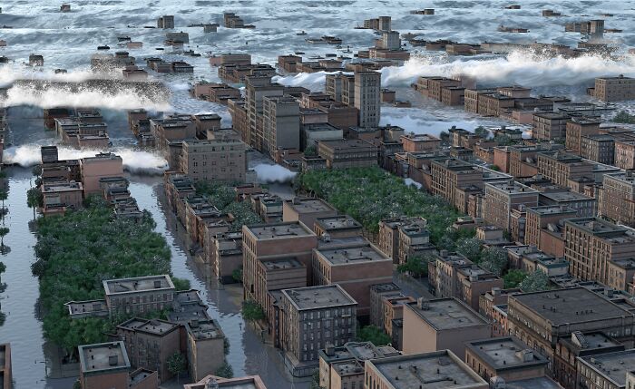 Flooded city streets with towering waves approaching, illustrating horrifying local dangers faced by residents.
