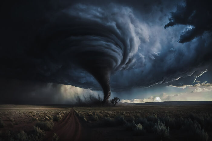 Massive tornado touching ground under dark storm clouds over a barren landscape, showing local dangers in nature.