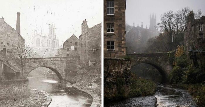 Before-and-after images showing how time has transformed a historic stone bridge and river in a famous location.