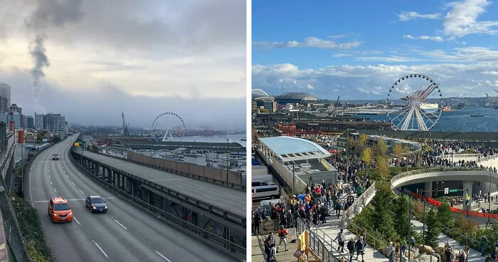 Before-and-after images showing how time has transformed a famous waterfront location with added greenery and crowds.