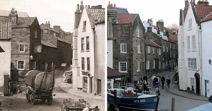 Side-by-side before and after images showing how time has transformed famous locations worldwide with streets and buildings changing.