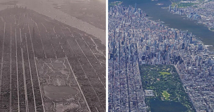 Before-and-after images showing how time has transformed famous locations worldwide, featuring aerial views of a city park and skyline.