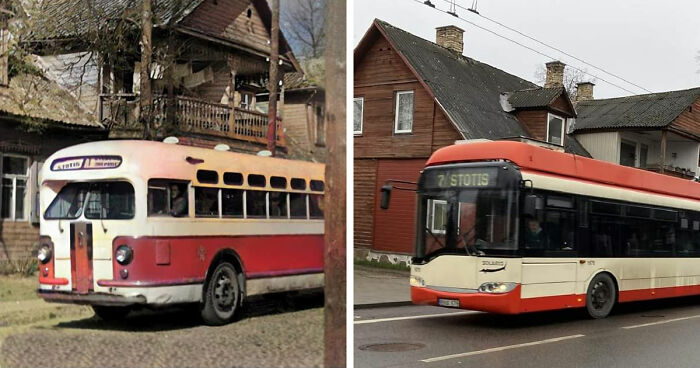 Before-and-after images showing how time has transformed a famous location with old and modern buses on a street.