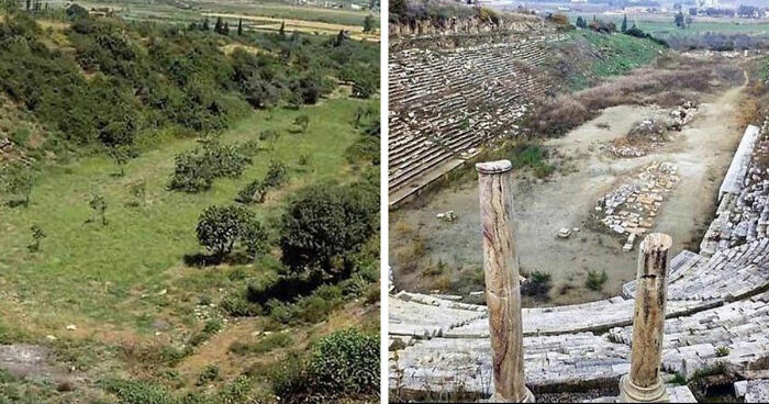 Before-and-after images showing the transformation of a famous ancient amphitheater site over time worldwide.
