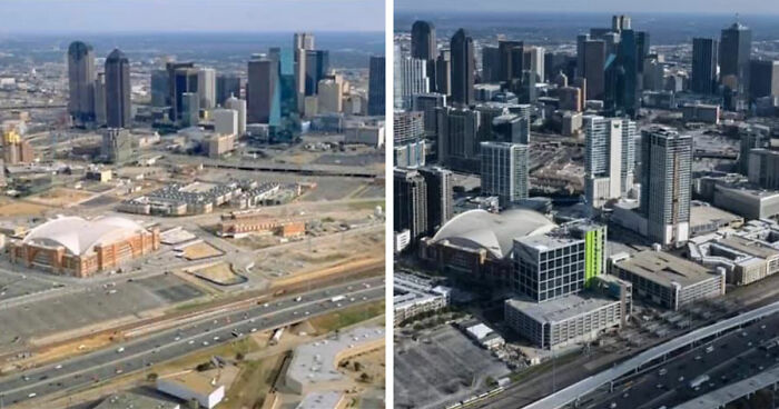 Before-and-after images showing time transforming famous locations worldwide with updated Dallas skyline and urban development.