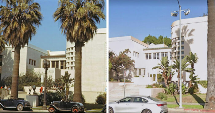 Side-by-side before-and-after images showing how time has transformed a famous location with changes in vehicles and landscaping.