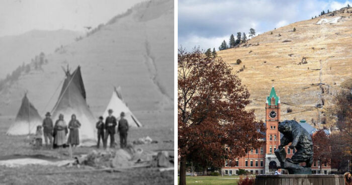 Before-and-after images showing how time has transformed a famous location with historic tents and modern buildings in the background