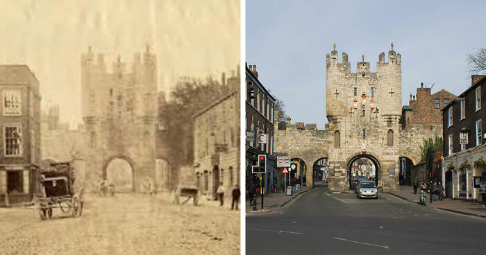 Before-and-after images showing how time has transformed a famous historic location with old and modern street scenes worldwide.