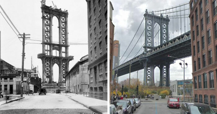 Before-and-after images showing the transformation of famous locations worldwide featuring the historic Manhattan Bridge.