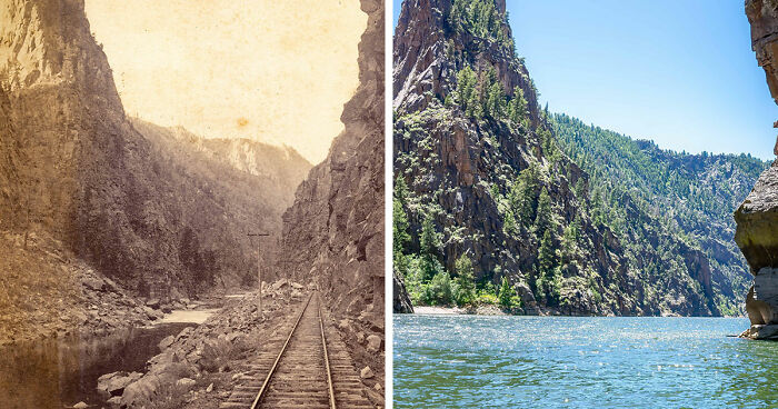 Before-and-after images showing natural landscape transformation at a famous location with river and rocky cliffs worldwide.