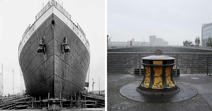 Before-and-after images showing how time has transformed the RMS Titanic dry dock from construction to present-day condition.