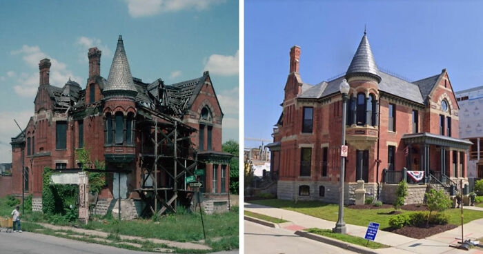 Before and after images showing restoration and transformation of a famous historic location over time worldwide.