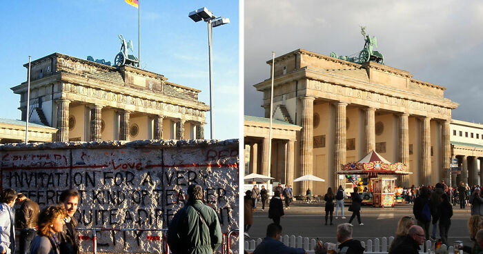 Before-and-after images showing the transformation of a famous location with the Brandenburg Gate and Berlin Wall.