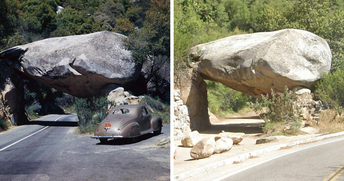Before-and-after images showing how time has transformed a famous rock formation over a roadway surrounded by trees.