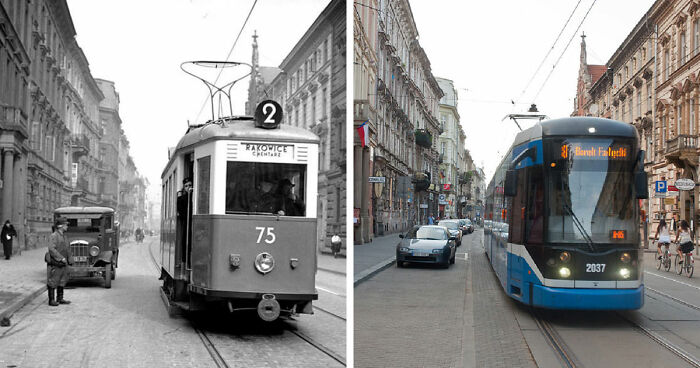 Before-and-after images showing how time has transformed a famous city street with modern and vintage trams.