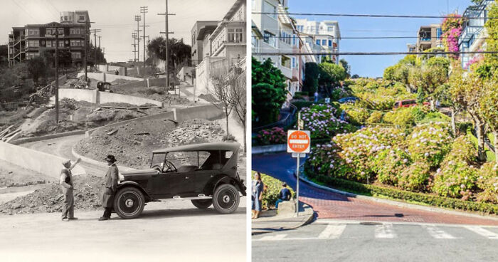 Before-and-after images showing how time has transformed famous locations worldwide, featuring an iconic winding street.