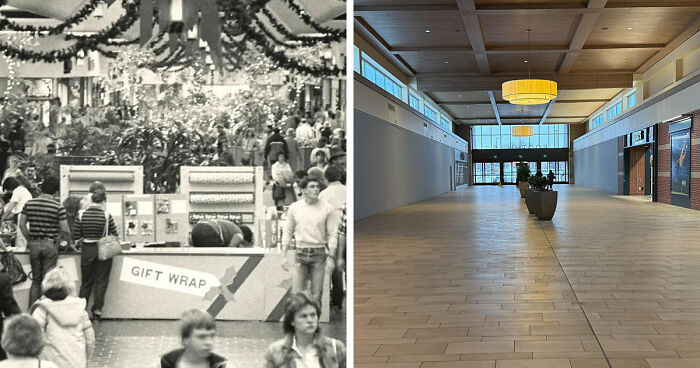 Before-and-after images showing how time has transformed a busy shopping mall into an empty, modern indoor space.