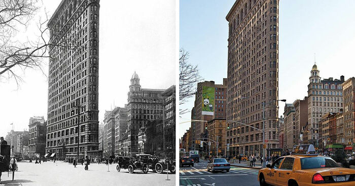 Side-by-side before and after images showing how time has transformed famous locations worldwide with urban development.