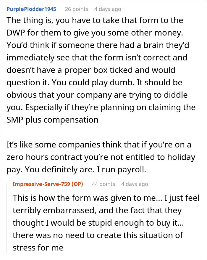 Reddit comments discussing company denying maternity leave and employee proving eligibility and unfair treatment.