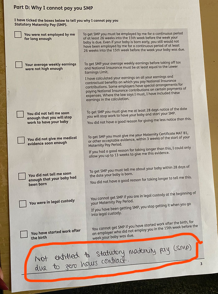 Document explaining reasons for refusal of maternity leave and statutory maternity pay eligibility criteria.