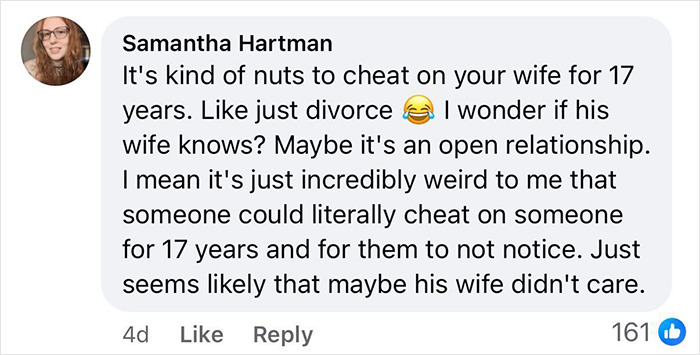 Comment by Samantha Hartman discussing a 17-year affair and divorce amid Hugh Jackman and Sutton Foster news. Comment by Samantha Hartman discussing a 17-year affair and divorce amid Hugh Jackman and Sutton Foster news.