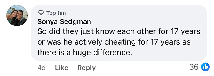 Comment by Sonya Sedgman questioning whether Hugh Jackman and Sutton Foster knew each other or if cheating occurred over 17 years. Comment by Sonya Sedgman questioning whether Hugh Jackman and Sutton Foster knew each other or if cheating occurred over 17 years.