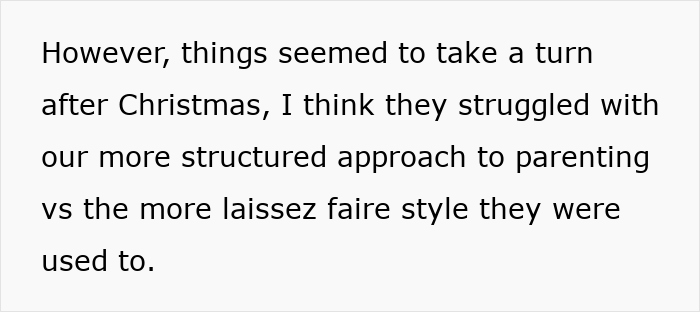Text discussing challenges in husband-funding teen children due to differences in parenting approaches after Christmas.