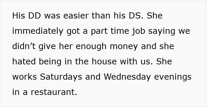 Text about husband funding teen children describing part-time job and money issues with daughter.