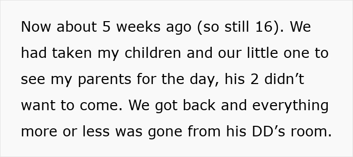 Text excerpt discussing husband funding teen children and related family visit and missing belongings.