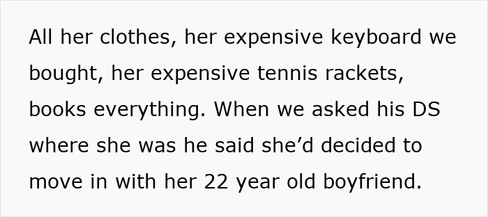Text excerpt about husband funding teen children&rsquo;s expensive items and daughter moving in with boyfriend.