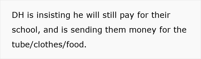 Text excerpt about husband funding teen children, mentioning payment for school, clothes, food, and transportation.