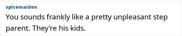 Comment text on a white background expressing disapproval of a step parent and mentioning kids and husband-funding teen children.