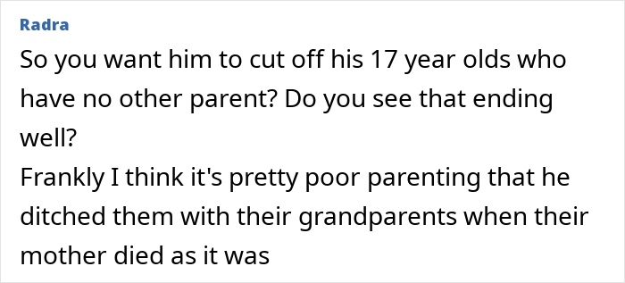 Comment discussing concerns about husband funding teen children and poor parenting decisions after mother's death.