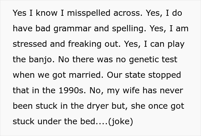 Text showing a stressed man explaining no genetic test was done, revealing he is a perfect kidney match for his wife due to close relation. Text showing a stressed man explaining no genetic test was done, revealing he is a perfect kidney match for his wife due to close relation.