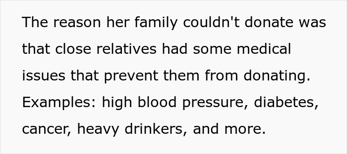 Text explaining that close relatives had medical issues like h**h blood pressure and diabetes preventing kidney donation. Text explaining that close relatives had medical issues like h**h blood pressure and diabetes preventing kidney donation.