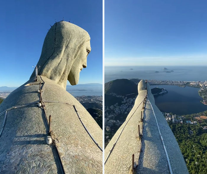 Close-up and top view of famous landmarks showing Christ the Redeemer statue from unexpected angles with city and ocean views.