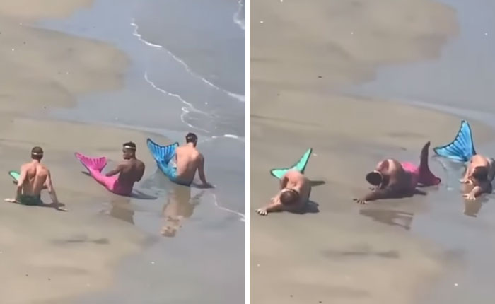 Three influencers wearing colorful mermaid tails acting unhinged and doing crazy stunts for views on a sandy beach.