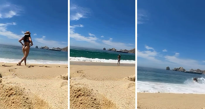 Woman at the beach in a bikini, representing unhinged influencers doing crazy things for views on sandy shore.