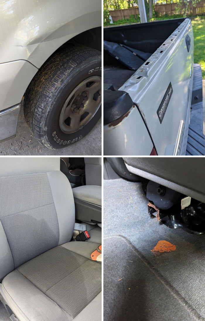 Vehicle damaged in multiple ways including dented fender, scratched tailgate, stained seat, and torn carpet shown in collage.
