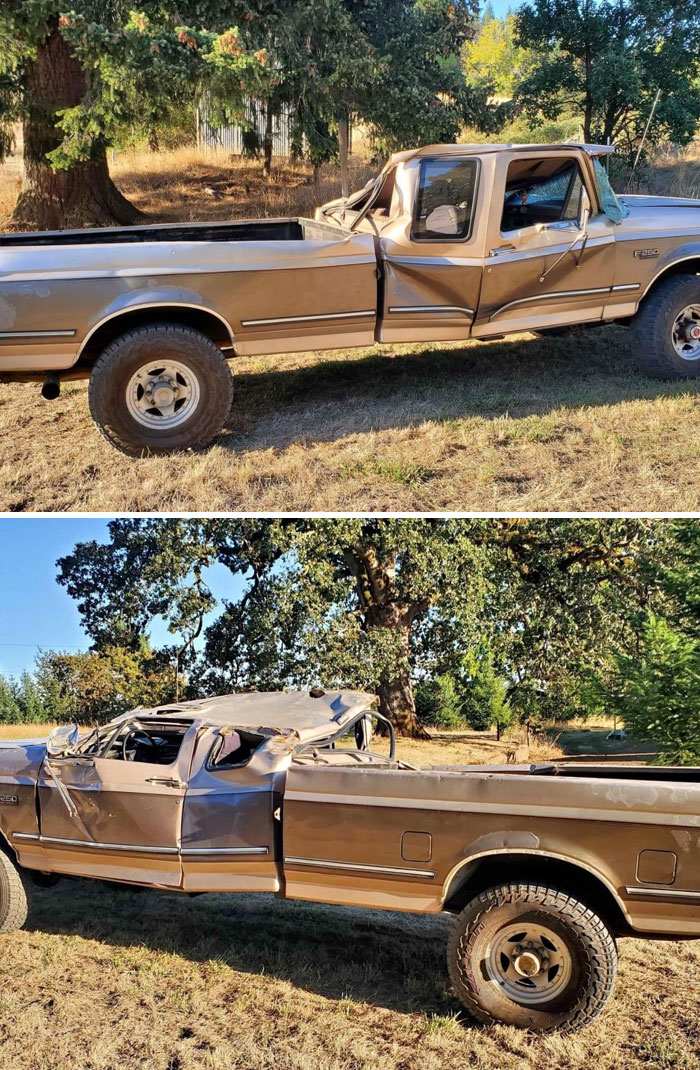 Old brown pickup truck severely damaged with dents and crushed roof, showing infuriating pics of people damaging things borrowed.