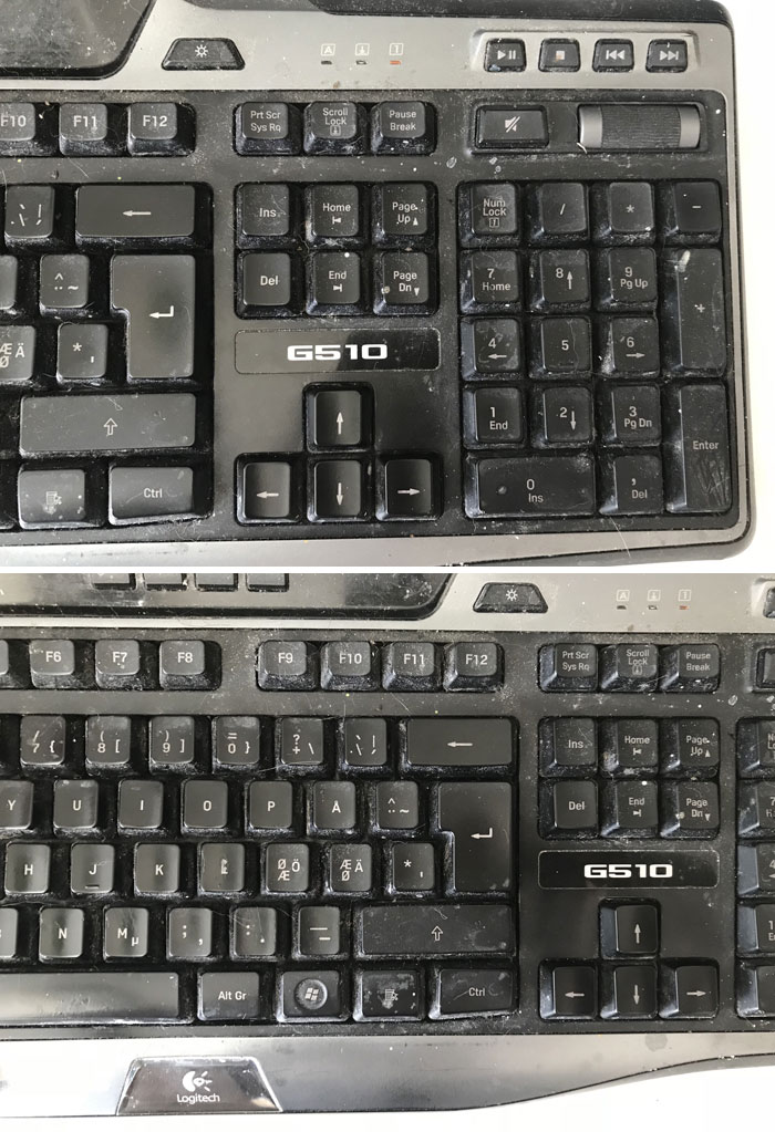 Worn and damaged Logitech G510 keyboard showing heavy use and signs of people damaging things they borrowed.