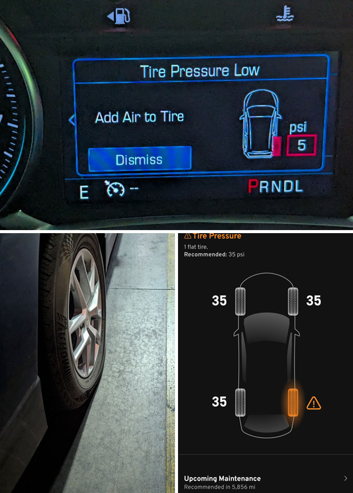 Car dashboard and tire pressure monitors showing a severely underinflated tire, highlighting borrower damage issues