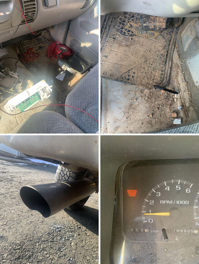 Car interior damage and dirty floor mats, broken parts, exhaust pipe, and warning light showing service engine soon.