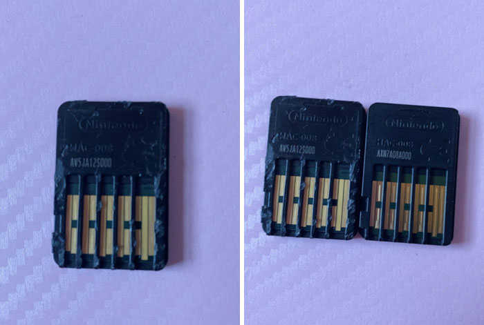 Two damaged Nintendo game cartridges showing broken and chipped edges, illustrating borrowed items being ruined.