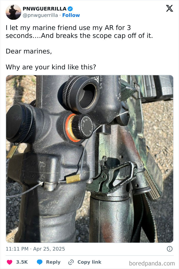 Close-up of a damaged scope cap on a rifle, illustrating infuriating damage caused by borrowing equipment carelessly.