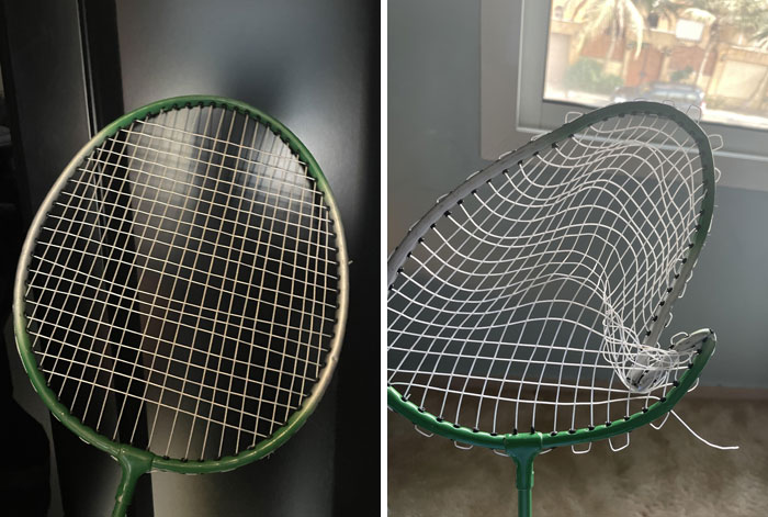 Damaged badminton racket with broken strings, illustrating people damaging things they borrowed.