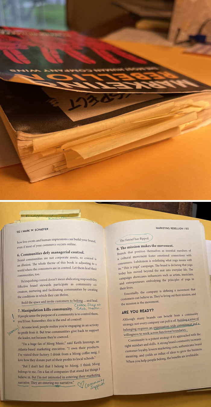 Worn and damaged borrowed book with folded, torn pages and handwritten notes showing signs of wear and misuse.