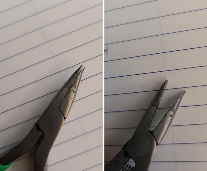 Close-up of damaged pliers with bent tips on lined notebook paper, showing people damaging things they borrowed.