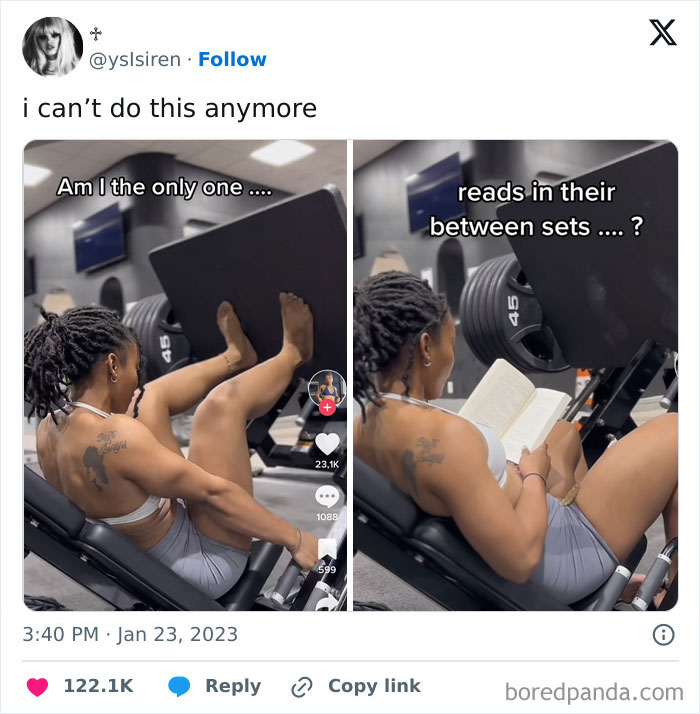 Woman in gym using leg press machine, then reading a book between sets, highlighting annoying gym moments.