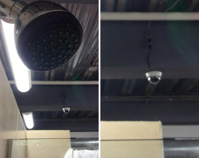 Gym shower head and security camera installed on ceiling, highlighting common annoying gym moments and maintenance issues.
